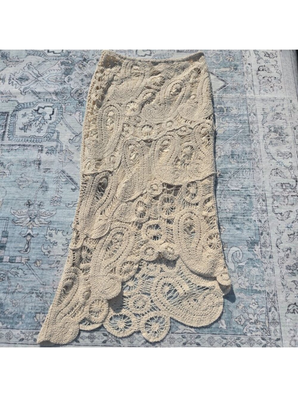 Y2K Crochet Boho Maxi Skirt Asymmetrical Hem Size L Cream Cotton Hippie Festival